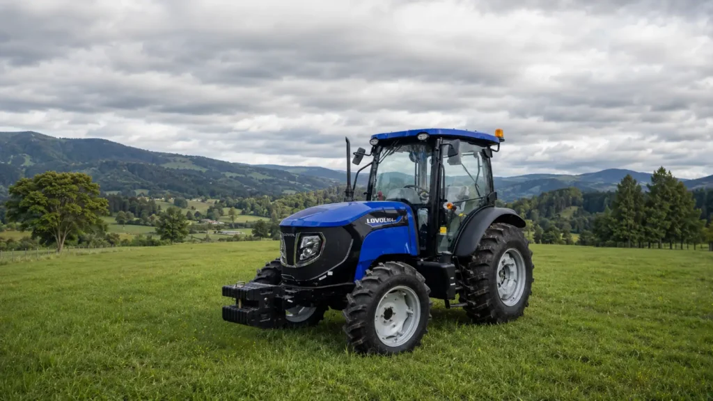 Tractor agrícola con doble tracción trabajando en pradera húmeda en el sur de Chile durante el invierno