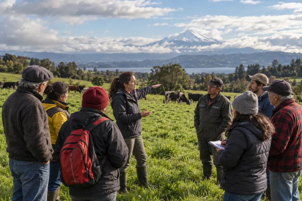 Ingeniera agrónoma de Covepa explicando a un grupo de agricultores y ganaderos en una pradera del sur de Chile